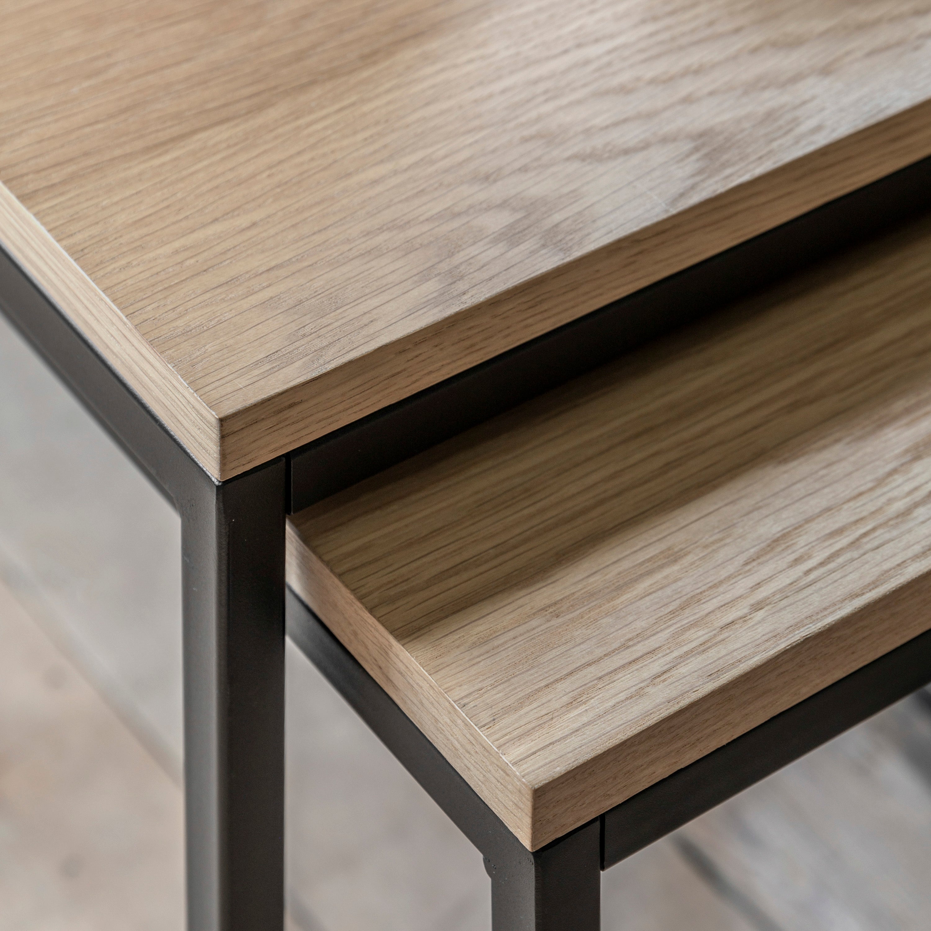 Bentley Natural Oak Wood & Matt Black Side Table Nest